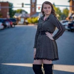 Black Floral print button up dress w/ lace detail